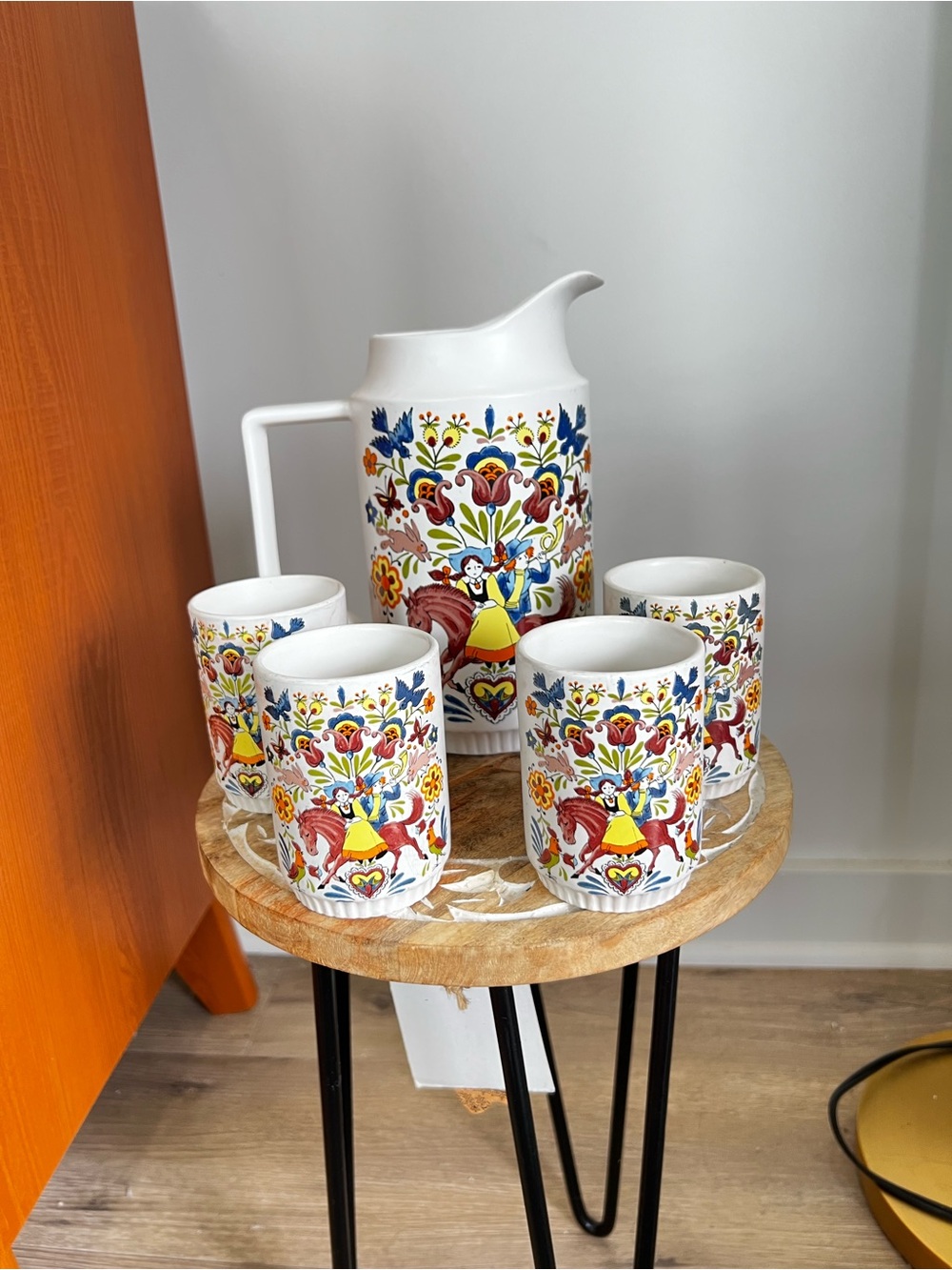Vtg Danish DutchWhite Ceramic Pitcher and 4 Mugs with Colorful Folk Floral Motif